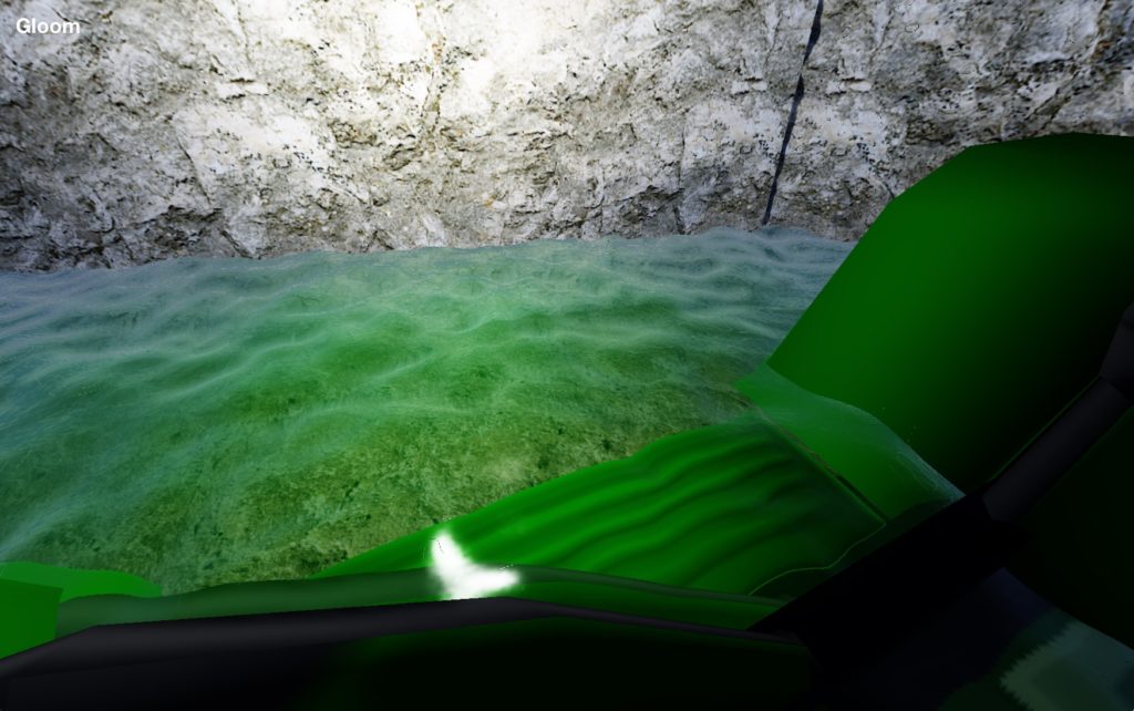 Greenish water with displacement-mapped surface waves. Note how the surfaces appear bent underwater.
